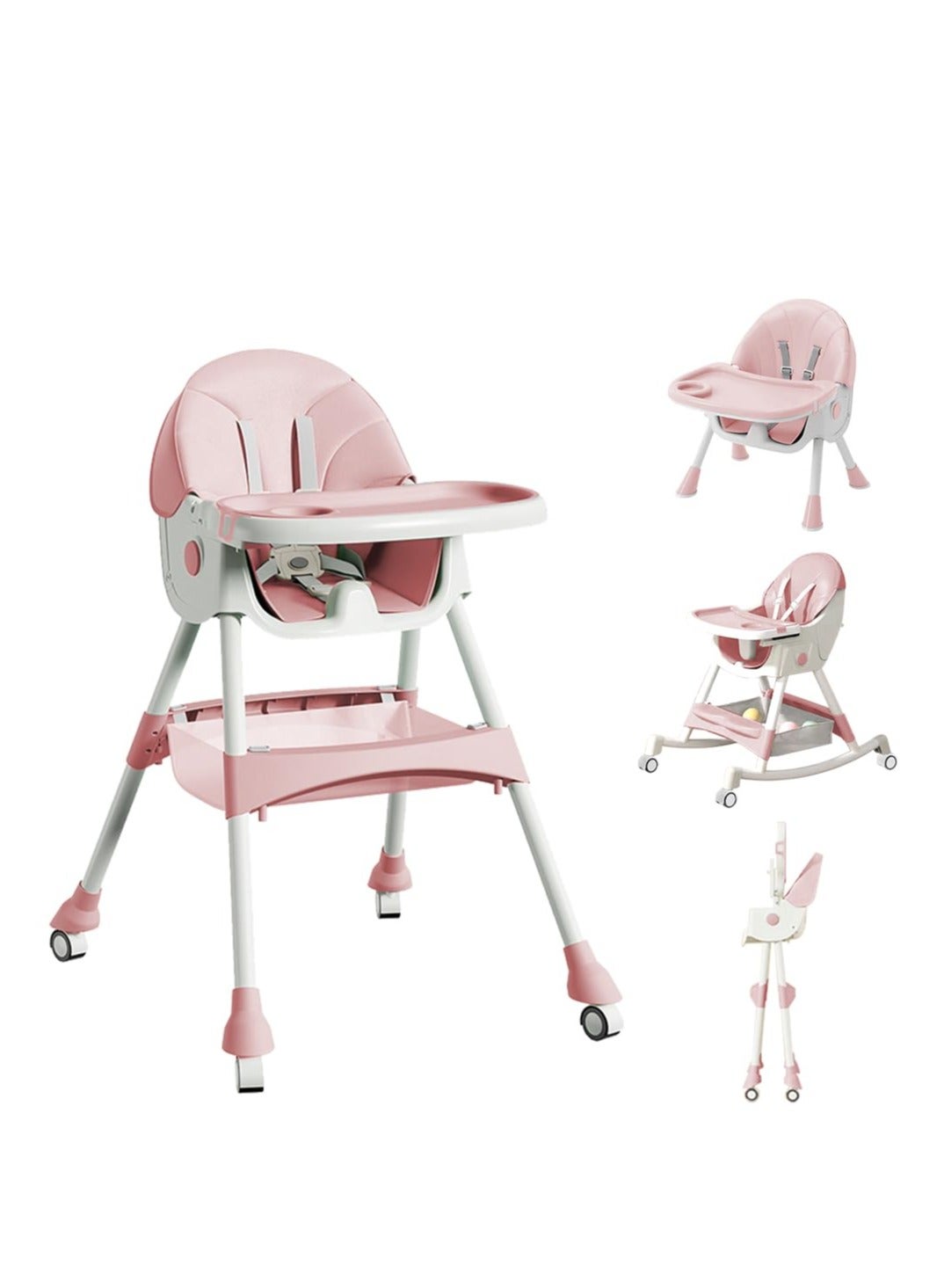 High Chairs for Babies and Toddlers, 4 in 1 Convertible Baby High Chair, Portable High Chair for Travel with Adjustable Height and Back, Foldable High Chair with Wheels Pu Cushion